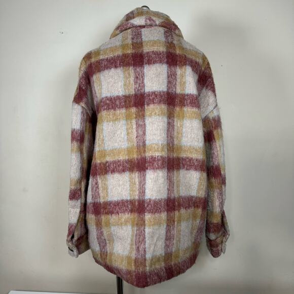 Cyrus Brushed Plaid Button Jacket Shacket Camel Burgundy Statement Maker Women M - Picture 2 of 8